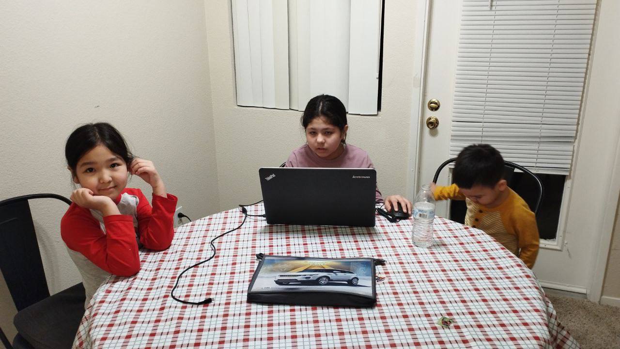 A woman uses a laptop on a red and white checkered tablecloth.