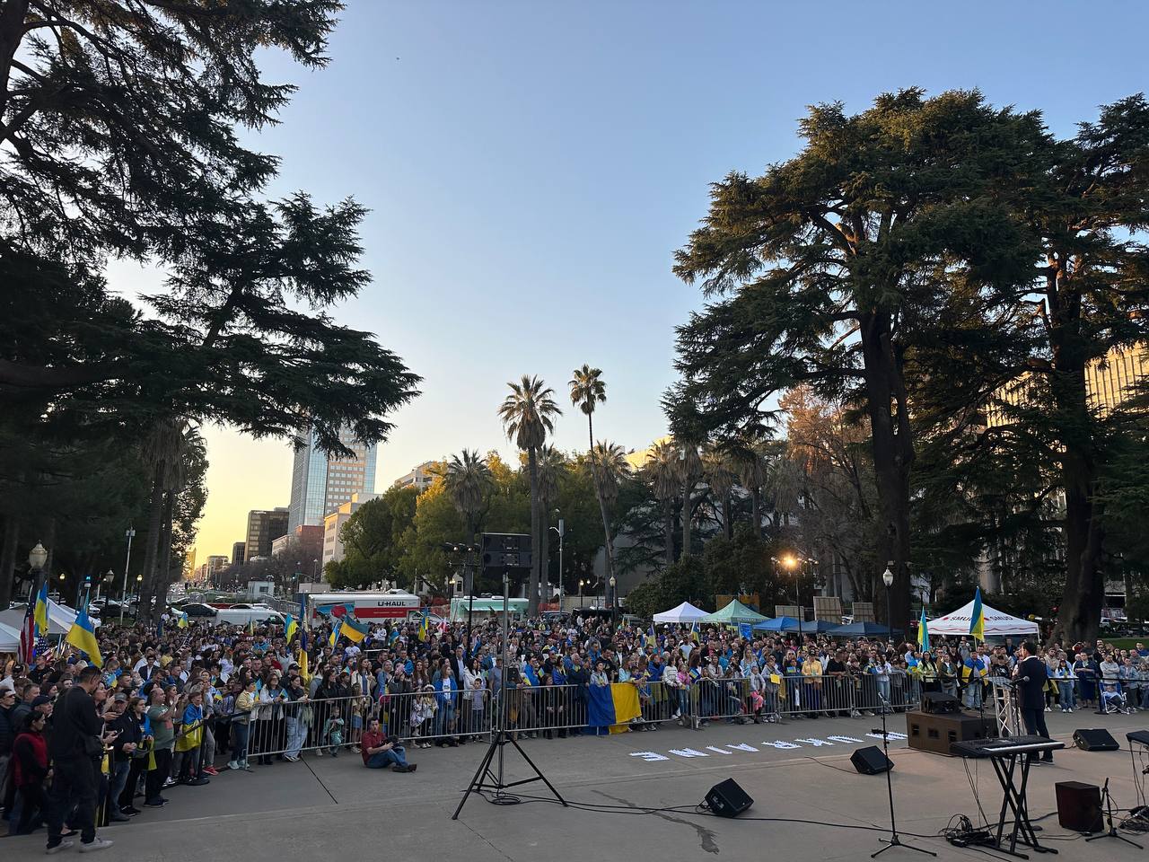 A large crowd gathers at a Sacramento rally showing support for Ukraine.