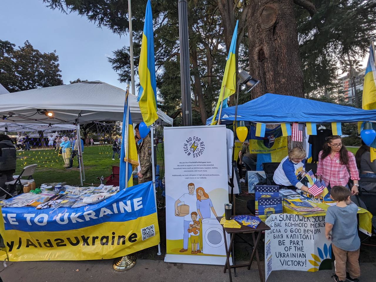 People hold signs and Ukrainian flags at a solidarity rally in Sacramento.
